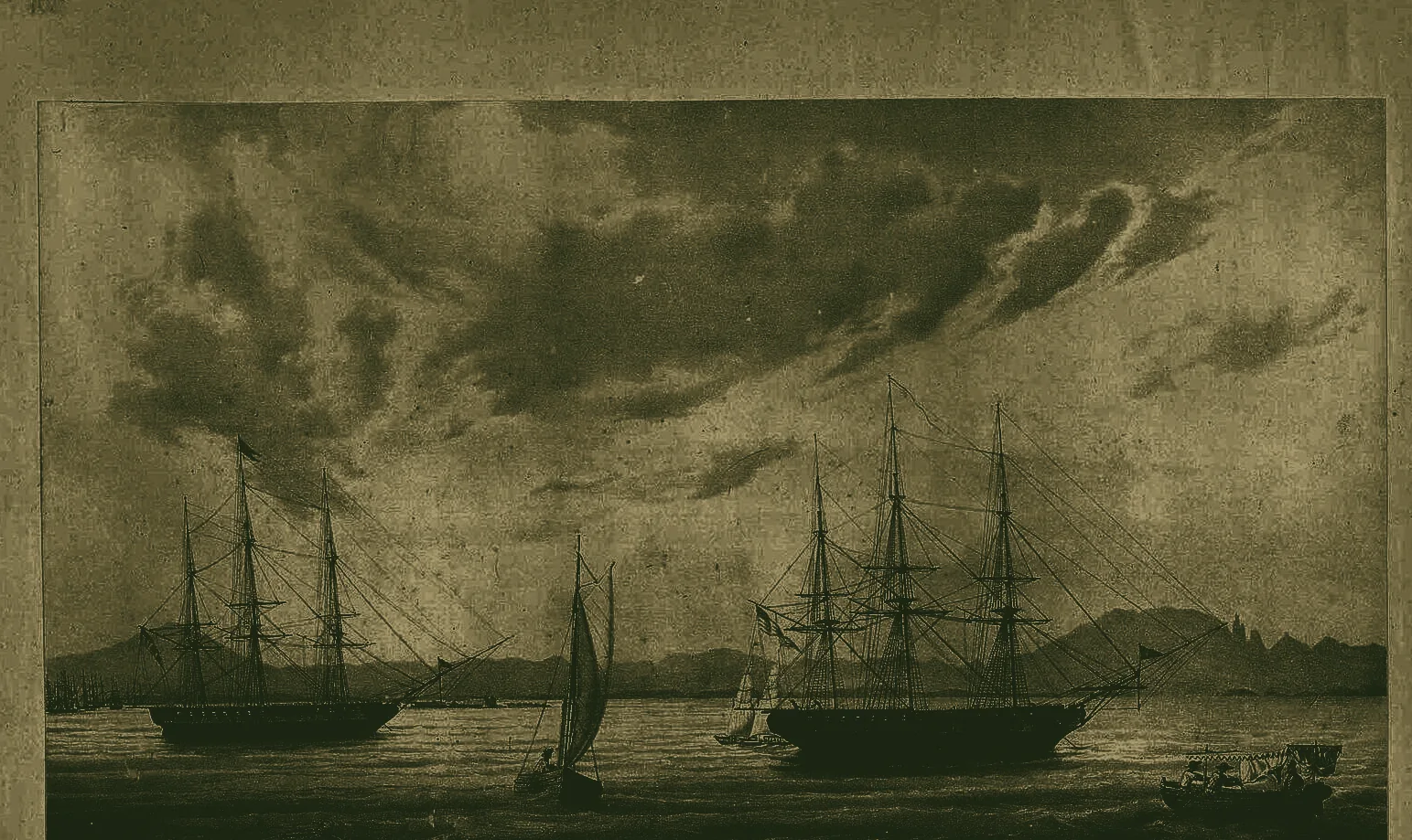 Navios fundeados na baía do Rio de Janeiro — gravura do século XIX, com o Pão de Açúcar ao fundo