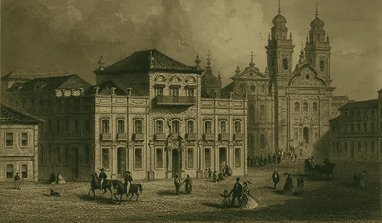 O Paço Imperial e a antiga catedral do Rio de Janeiro — gravura do século XIX