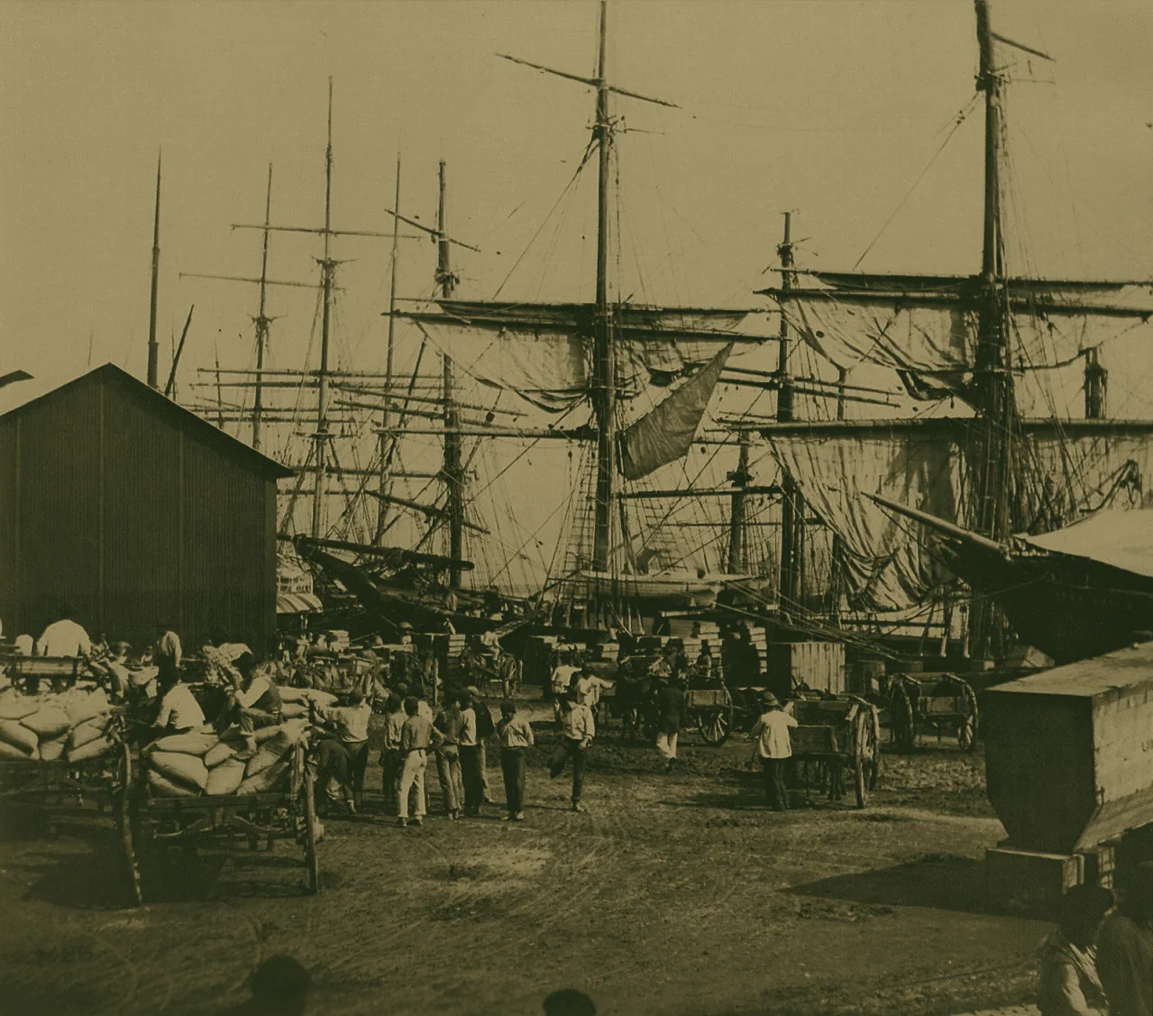 O porto de Santos por volta de 1880 — veleiros ao cais e sacas de café no embarque